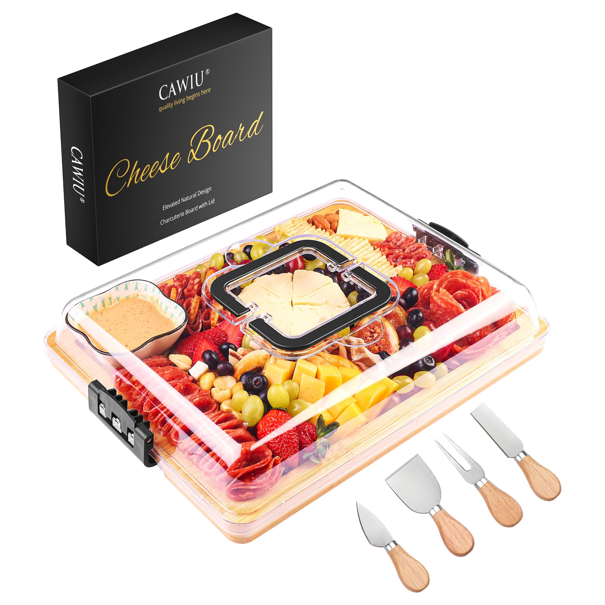 CAWIU tablero con tapa y mango negro, ideal para transportar aperitivos con seguridad.