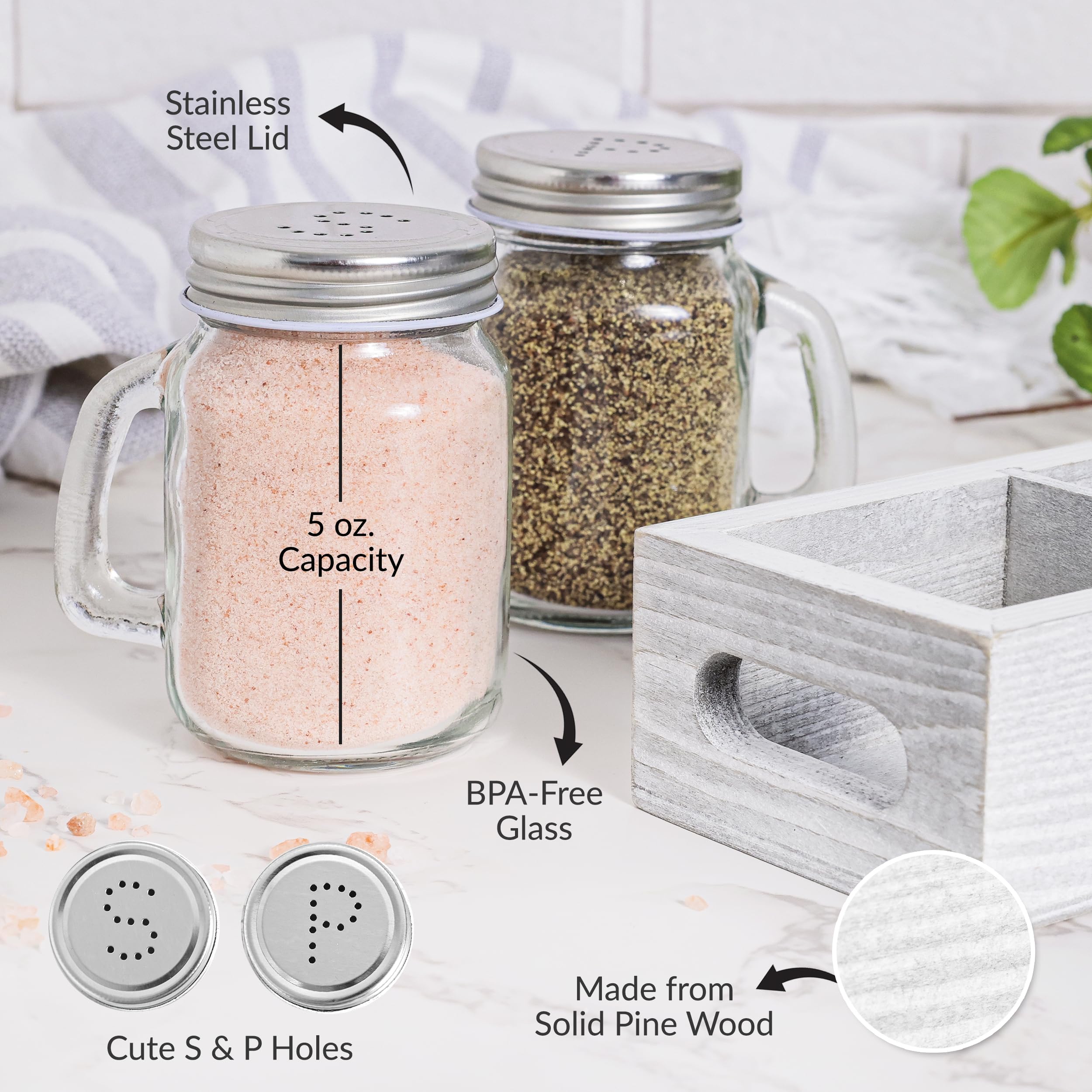 CB Accessories Mason Jar Sal y Pimienta, soporte de madera, organizador para la mesa de cocina