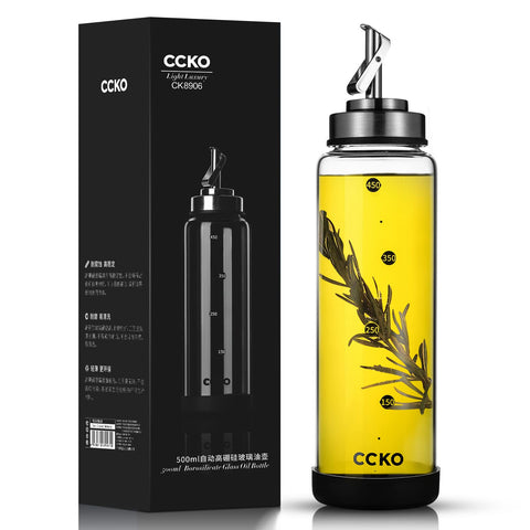 ccko botella de aceite de oliva en vidrio borosilicato, resistente y claro para cocina.