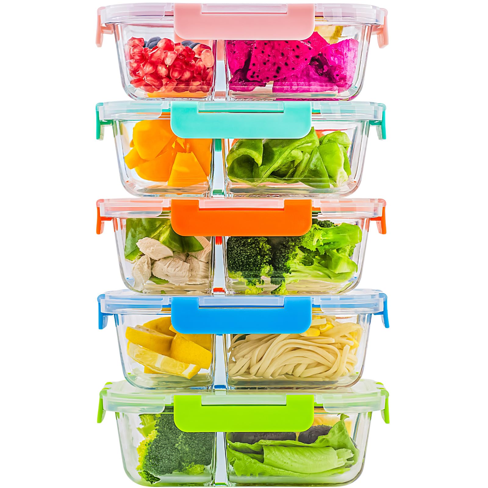 C CREST 5-pack de recipientes de vidrio con 3 compartimentos para organización de comidas