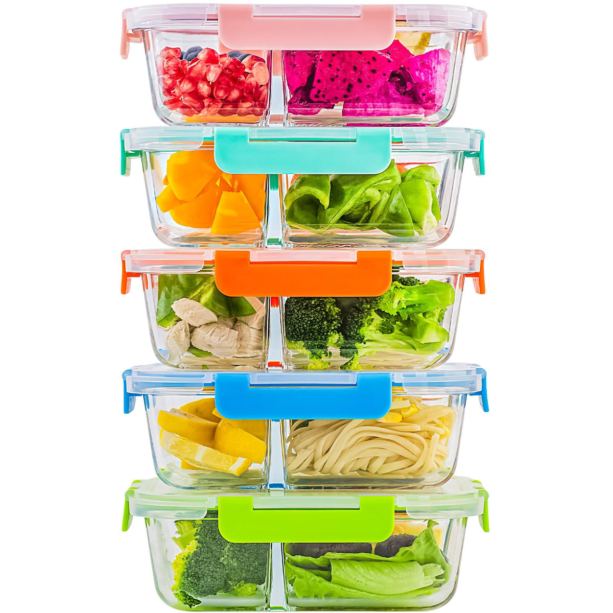 C CREST 5-pack de recipientes de vidrio con 3 compartimentos para organización de comidas