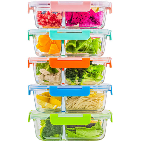C CREST 5-pack de recipientes de vidrio con 3 compartimentos para organización de comidas