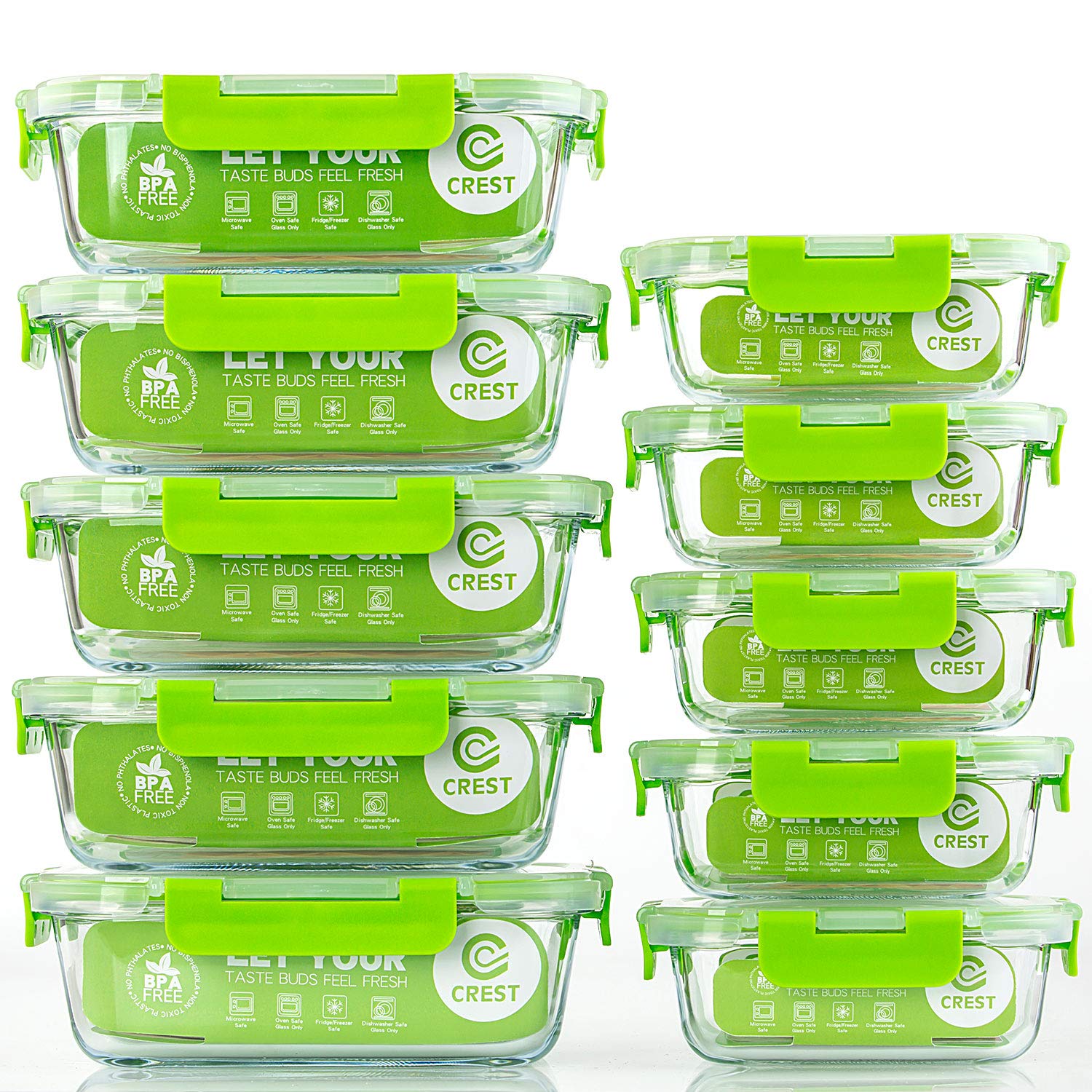 Contenedores de vidrio C CREST con tapas herméticas para almacenamiento seguro de comidas.