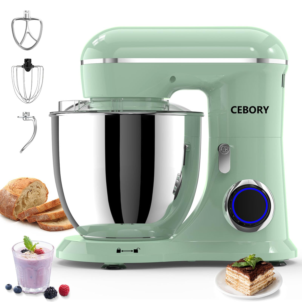 CEBORY batidora 3 en 1 con cuenco inoxidable de 6,5 cuartos para mezclar.