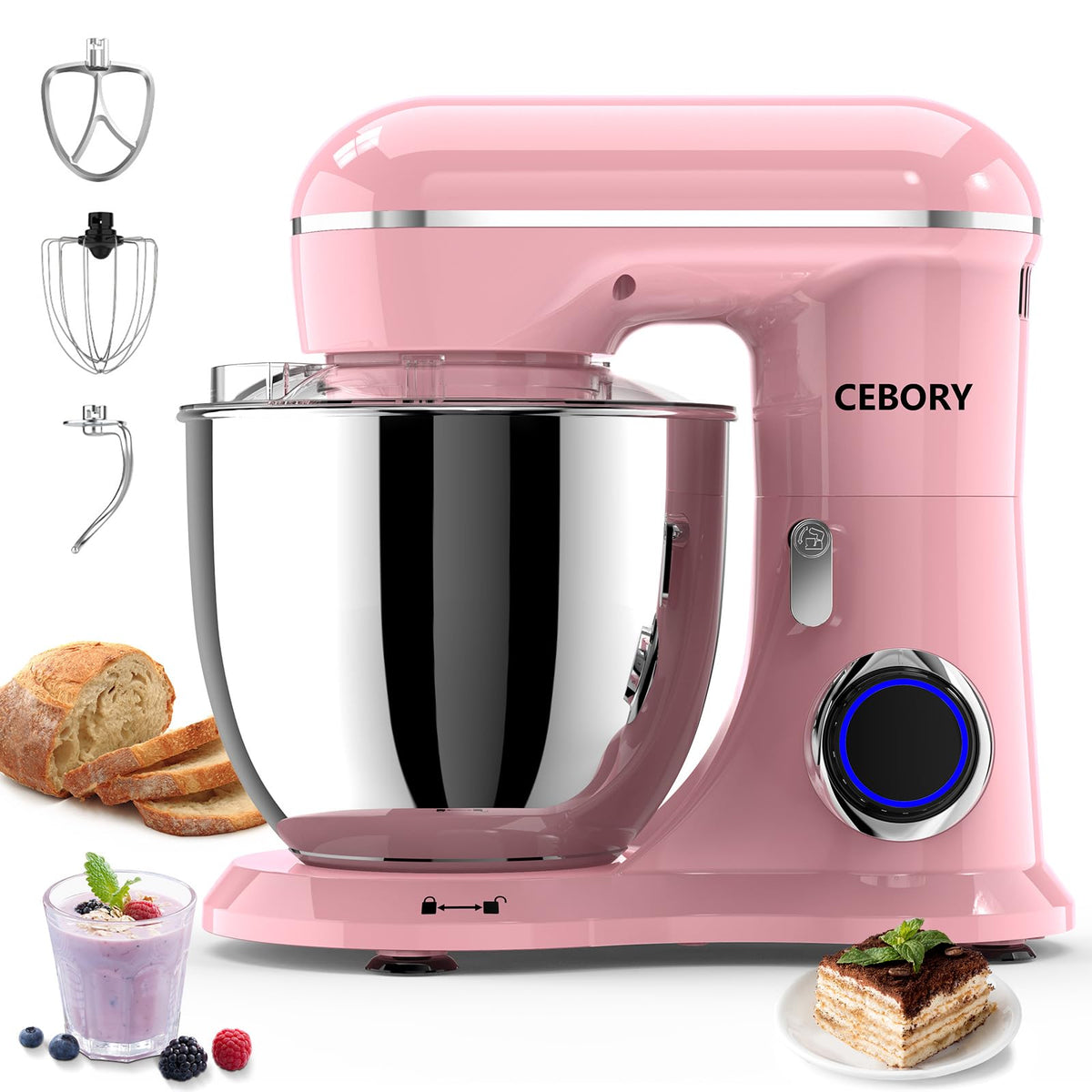 CEBORY 3-en-1 rosada con tazón 6,5qt para masas y mezclas