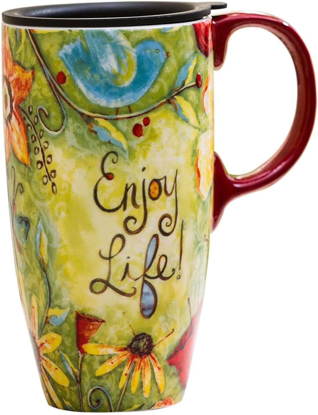 CEDAR HOME, taza ceramica con tapa para llevar cafe caliente.