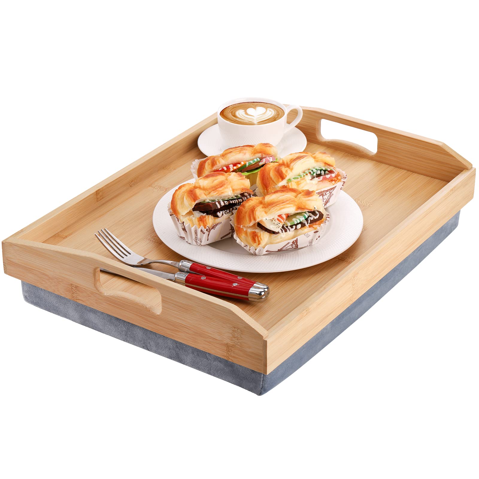 Cedilis bandeja de bambú para cama, superficie estable para servir bebidas y comidas.