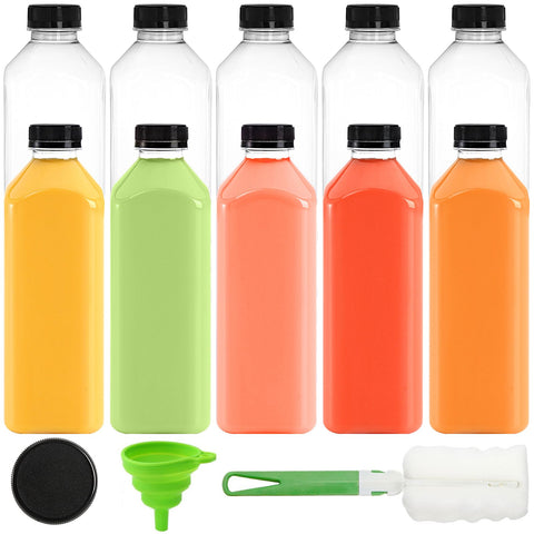 Cedilis botellas de plástico 33oz con tapa negra, ideales para jugos y batidos en movimiento.