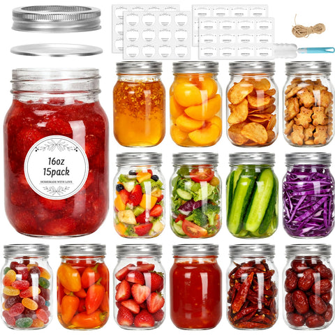 Cehomi frascos Mason de 16 oz con tapas, almacenamiento seguro de alimentos.
