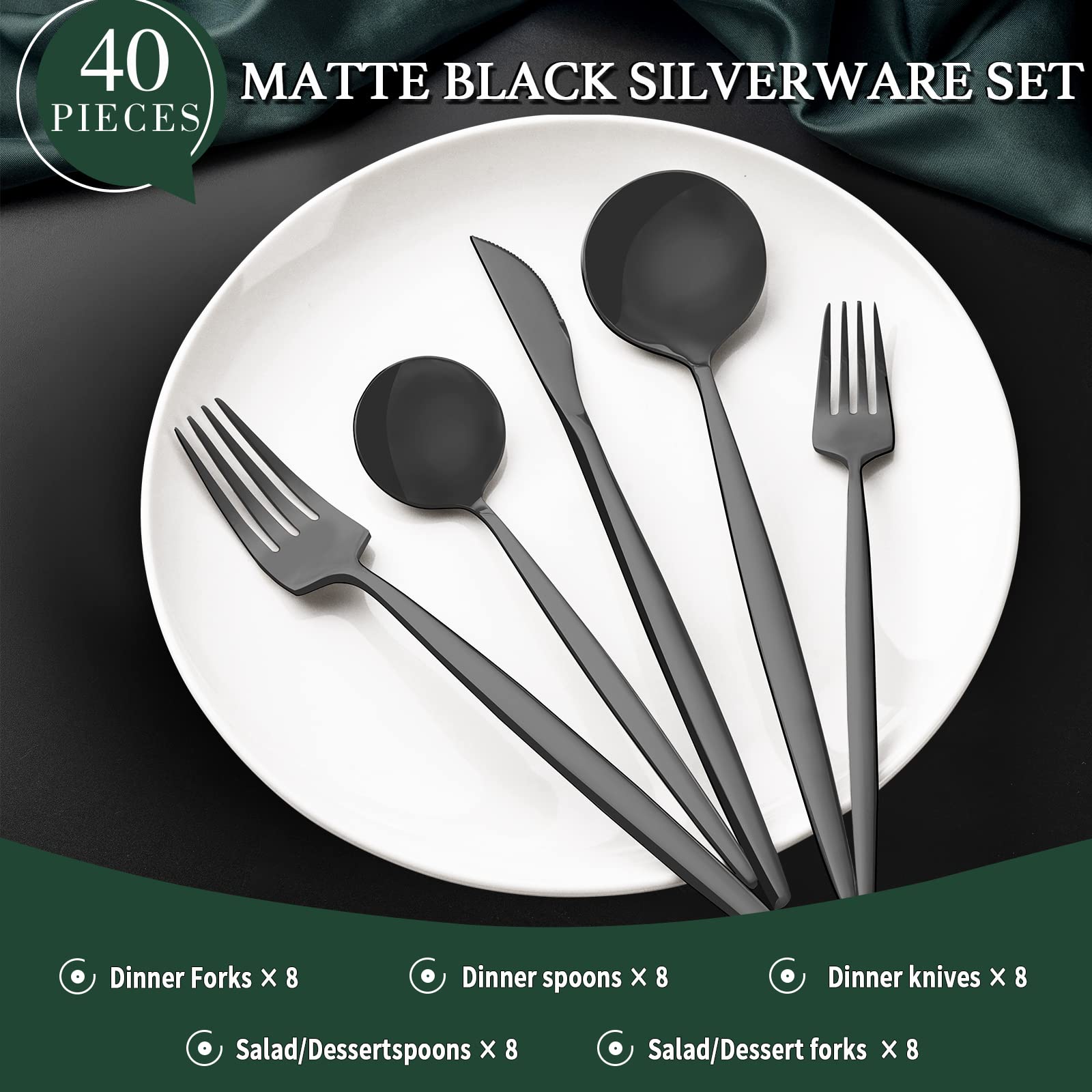 CEKEE tenedores negro mate, ergonómicos para un agarre estable durante la comida.