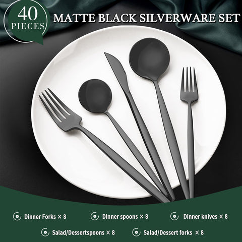 CEKEE tenedores negro mate, ergonómicos para un agarre estable durante la comida.