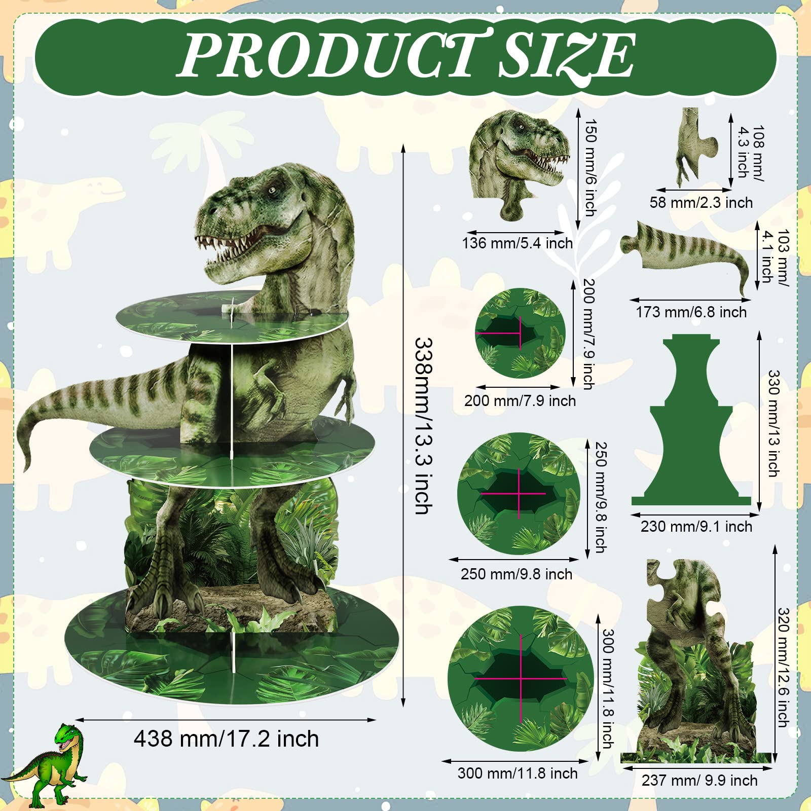 Censen: torre de cupcakes de dinosaurios verdes, perfecta para ambientar la jungla.