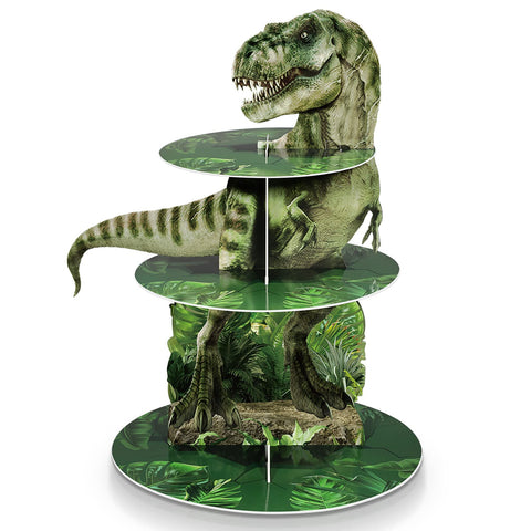 Censen: soporte para cupcakes de dinosaurios de tres niveles, ideal para fiestas temáticas.