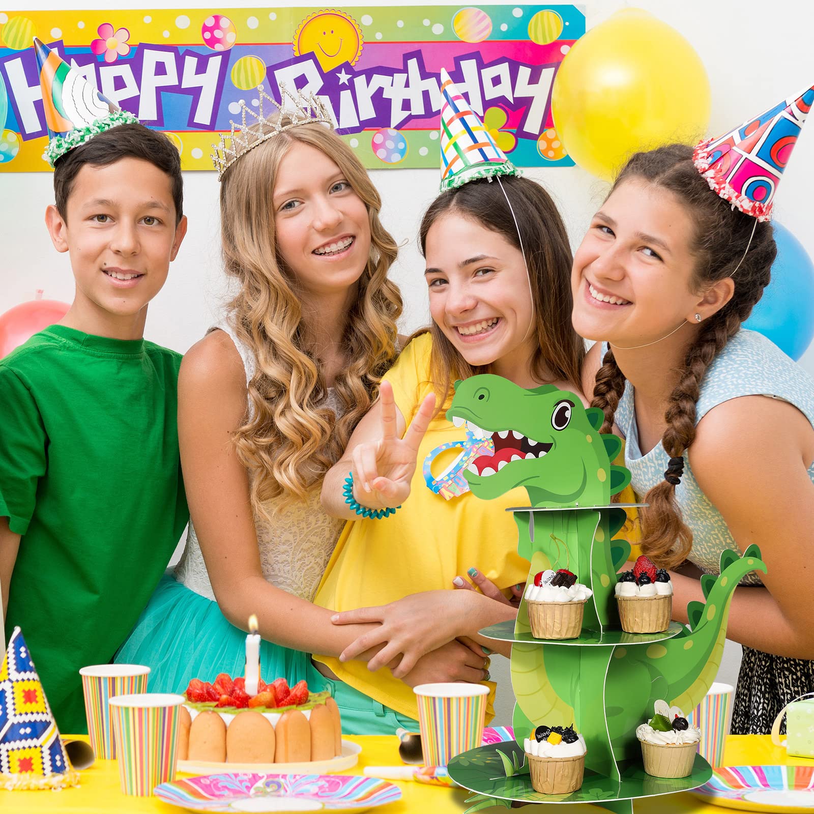 Torre de cupcakes dinosaurio reutilizable para varias celebraciones.