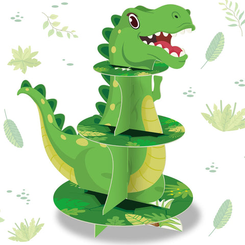 Censen torre de cupcakes dinosaurio tres niveles, perfecta para fiestas temáticas.