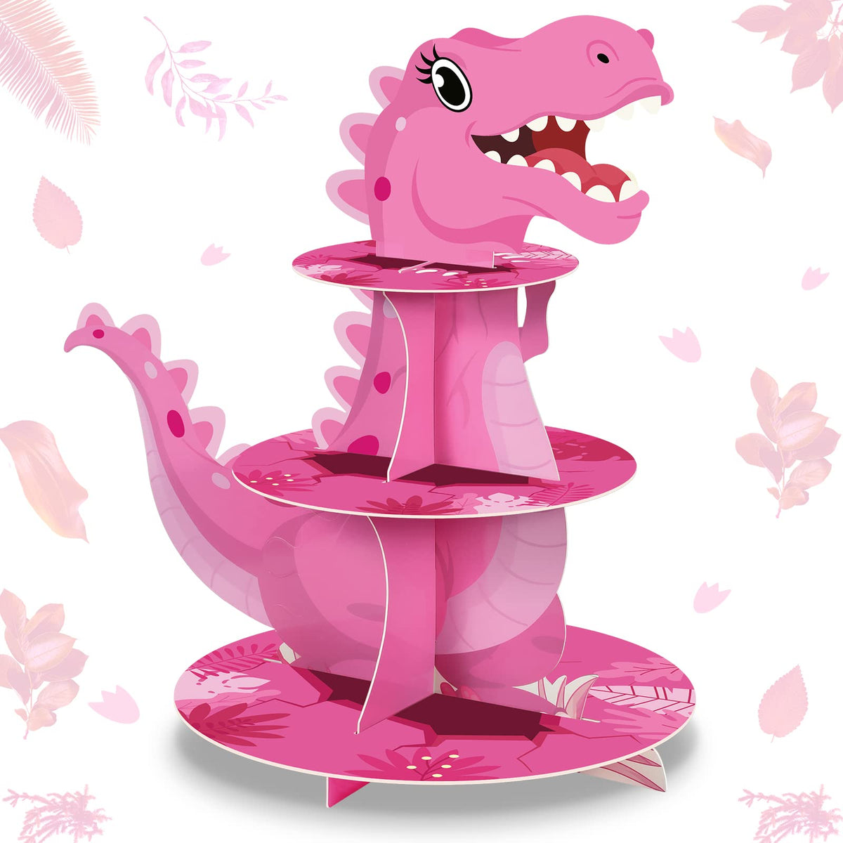 Torre dinosaurio Censen para cupcakes, tres niveles rosado, ideal para fiestas infantiles.
