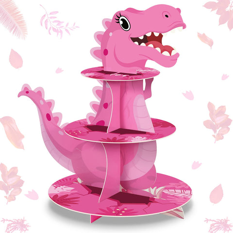 Torre dinosaurio Censen para cupcakes, tres niveles rosado, ideal para fiestas infantiles.