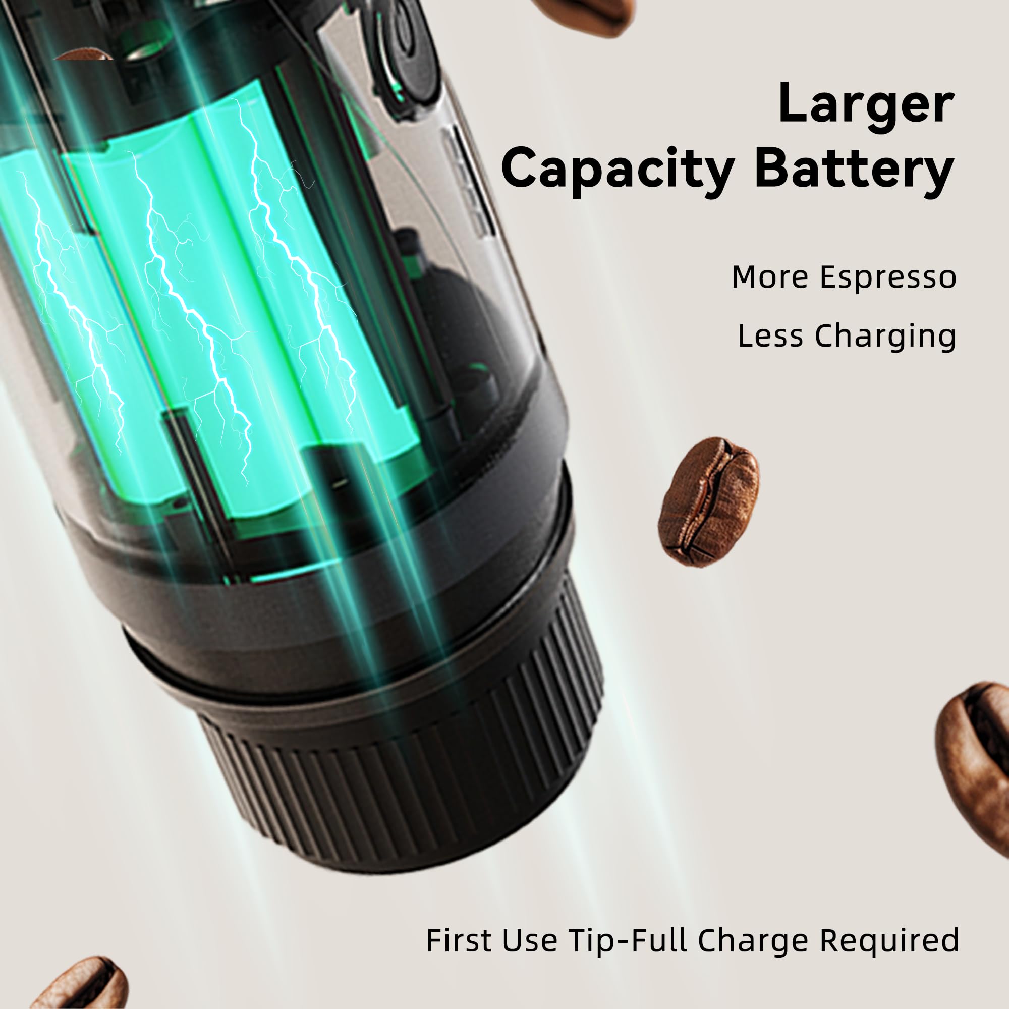 CERA+ cafetera espresso portátil con batería de alta capacidad y carga USB-C.