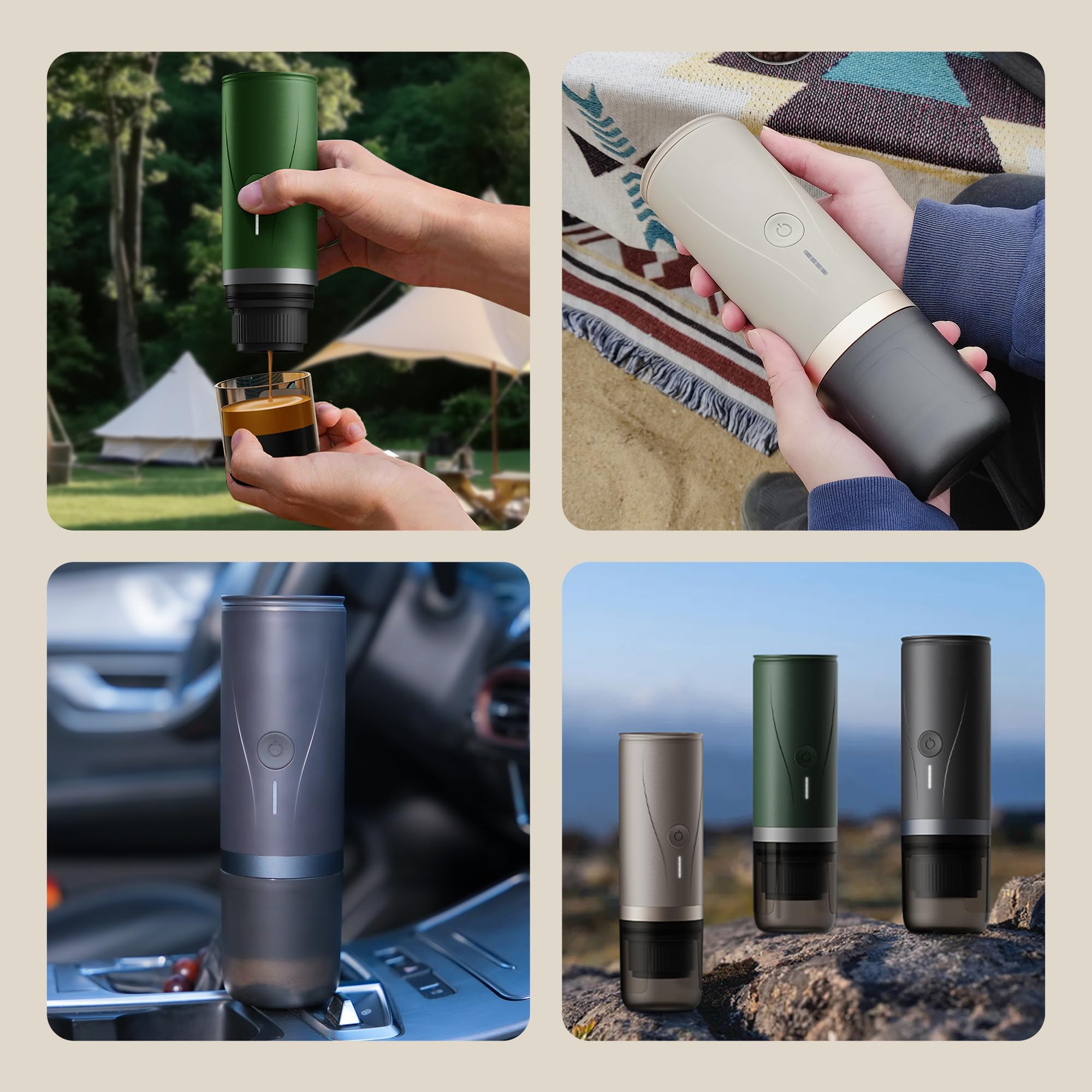 CERA+ cafetera espresso portátil usada en exterior, diseño resistente para camping.