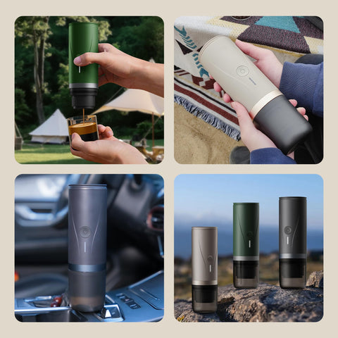 CERA+ cafetera espresso portátil usada en exterior, diseño resistente para camping.