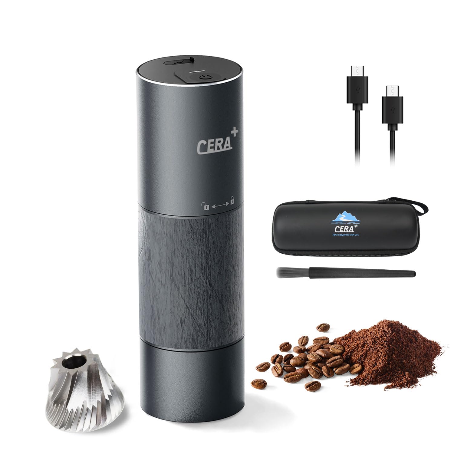 CERA+ Molino portátil, vista frontal, diseño compacto para uso diario en casa