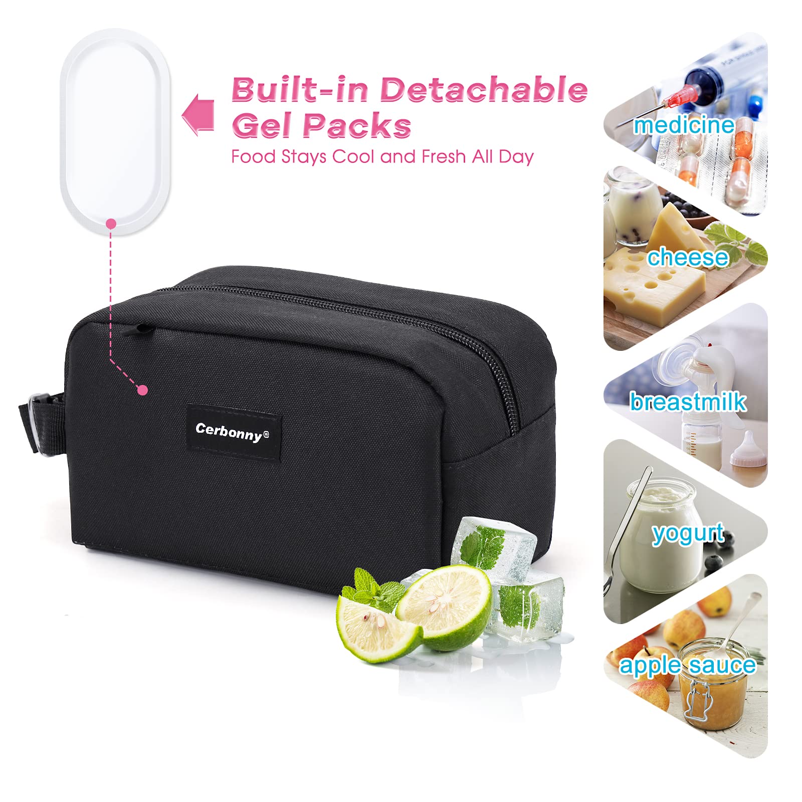 Cerbonny bolsa de almuerzo congelable, interior espacioso para contenedores pequeños y meriendas.