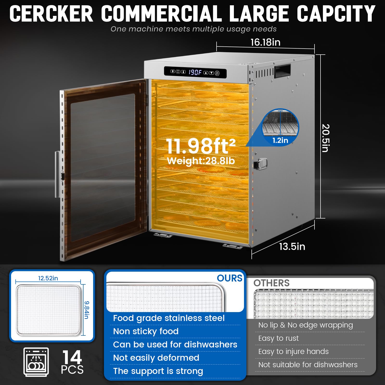 Cercker deshidratador con doble ventilador trasero para secado rápido y eficiente.