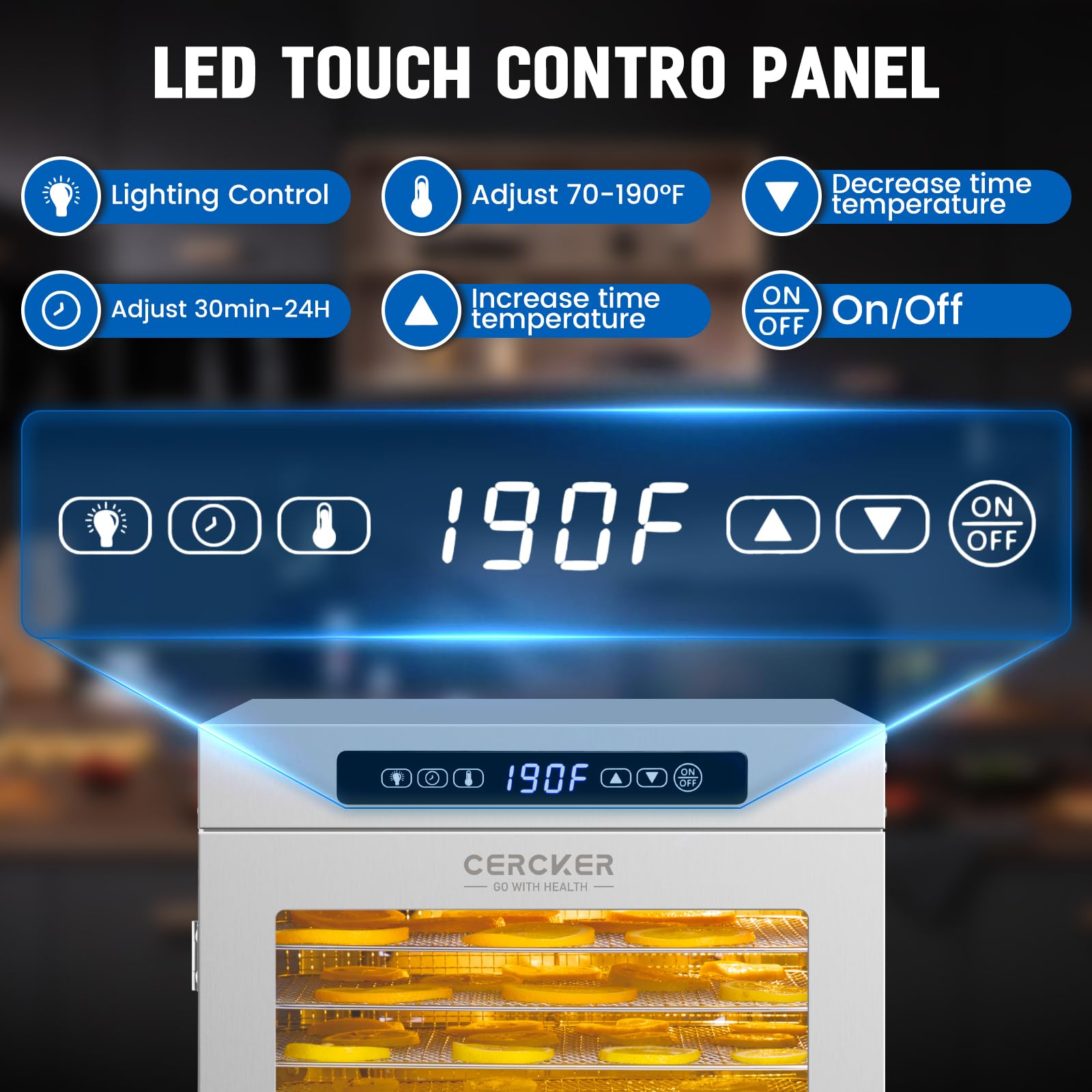 Panel de controles digitales Cercker para ajustar temperatura y tiempo con precisión.