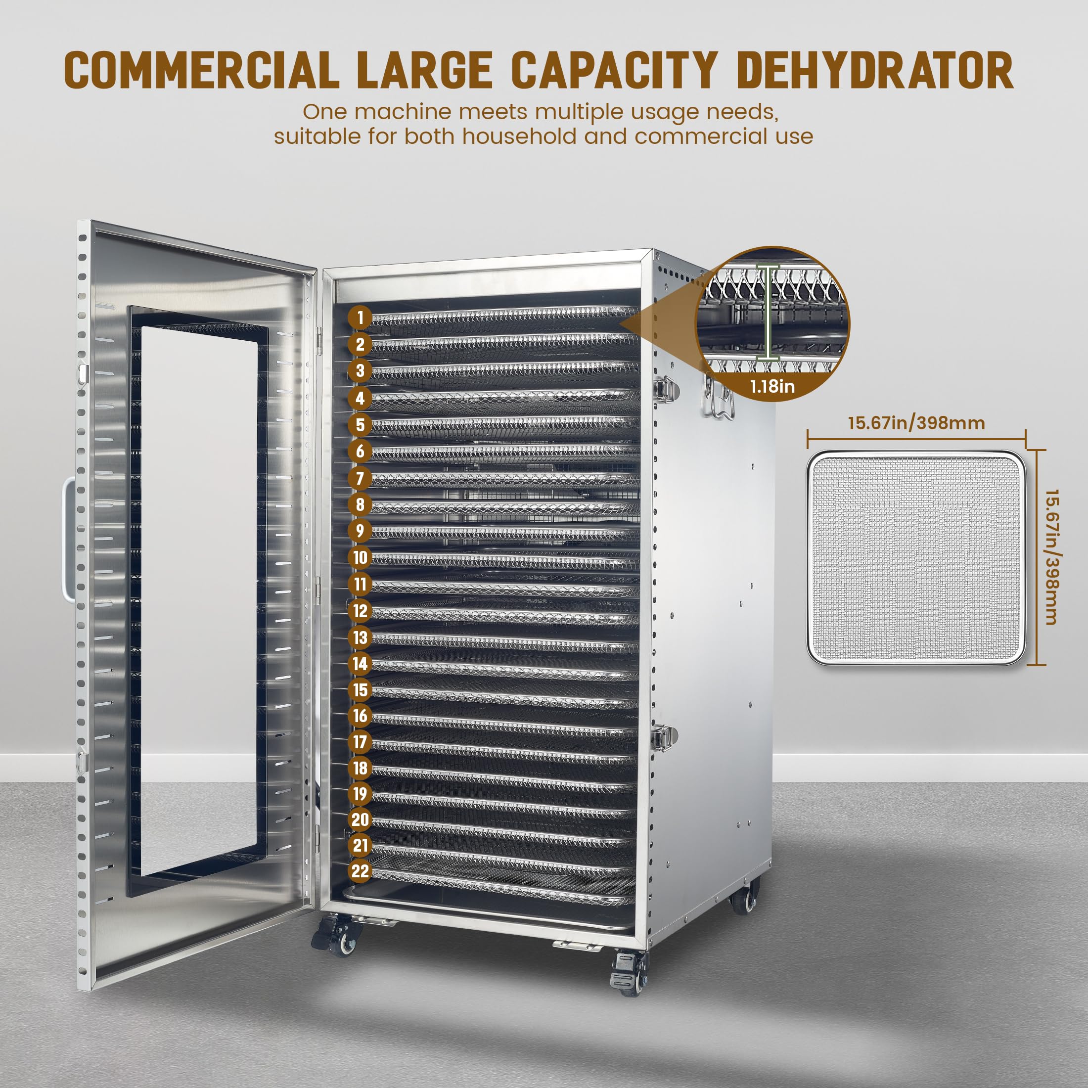 Cercker deshidratador, temperatura ajustable 70°F-190°F para diversos alimentos.