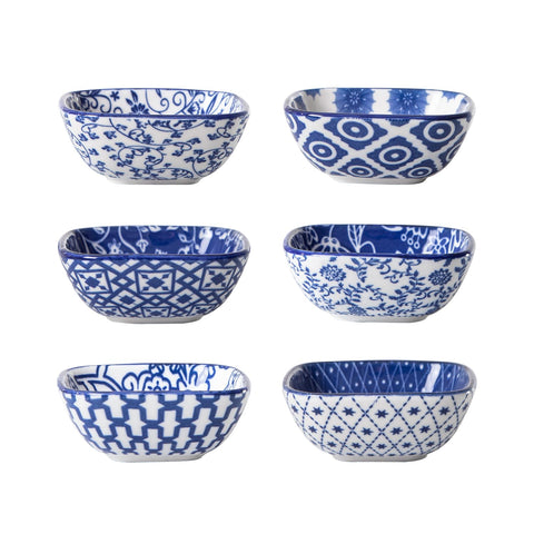 Cerkik cuencos dip cuadrados de cerámica azul vintage, ideales para salsas y condimentos.