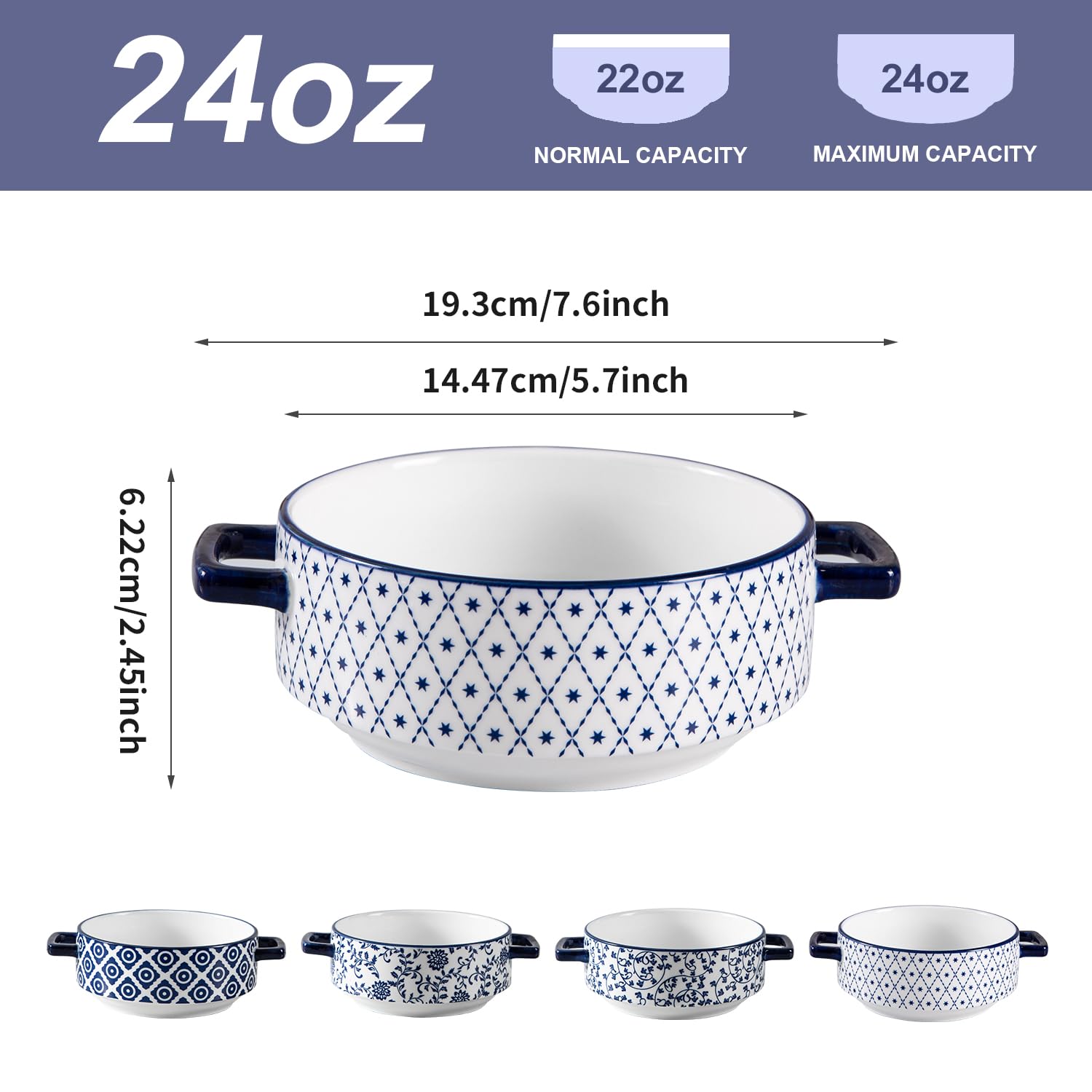 Cerkik tazón caldo y sopa cerámico azul, porciones cómodas para la mesa.