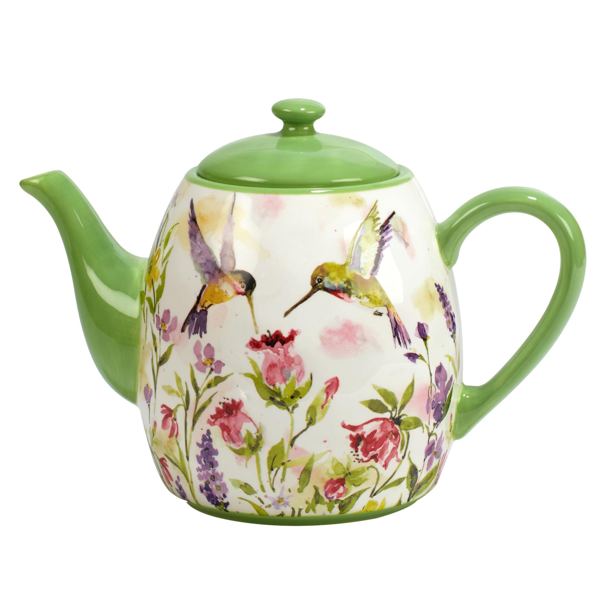 Certified International tetera cerámica con colibríes en acuarela, ideal para rituales de té relajantes.