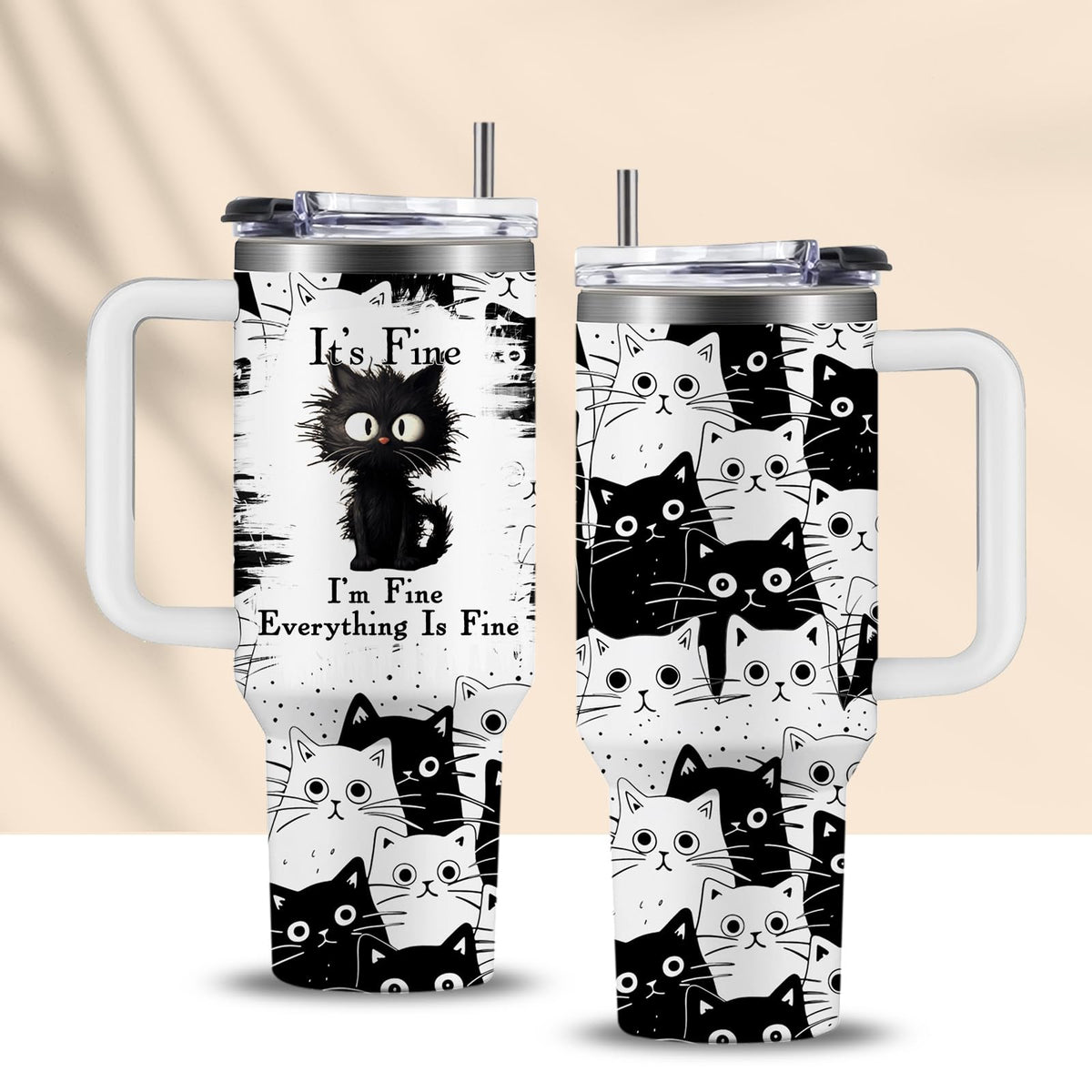 CGMIBAS tumbler con diseño de gato relajado, ideal para uso diario.