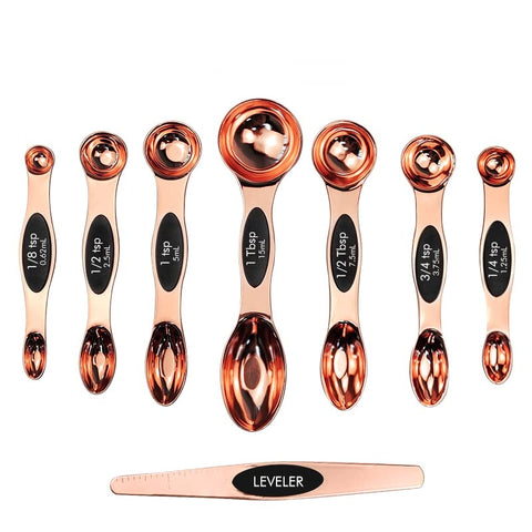 CH1EF: juego de cucharas magnéticas rosado-oro para medición precisa y apilable.