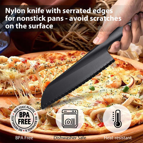 ChaLeeMoo cuchillo nylon serrado, perfecto para cortar pizzas y brownies sin dañar utensilios.