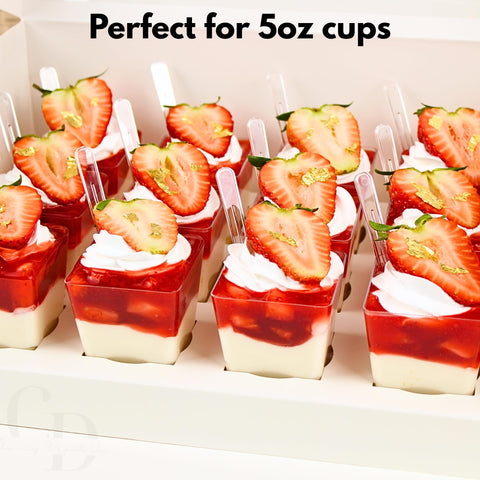 Caja postre Chaney Depot para copas redondas y cuadradas, versátil para presentaciones.
