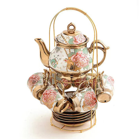 CHANJOON set de té cerámico dorado con rosa roja, ideal para momentos elegantes