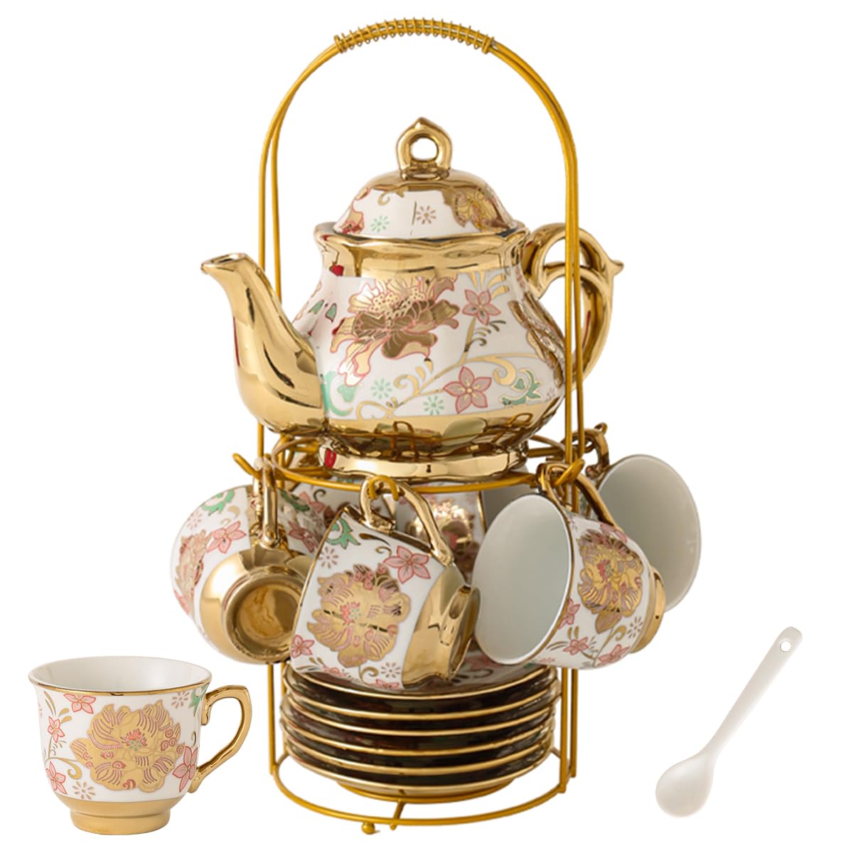 CHANJOON tetera cerámica dorada con rosa, ideal para ritual de té elegante