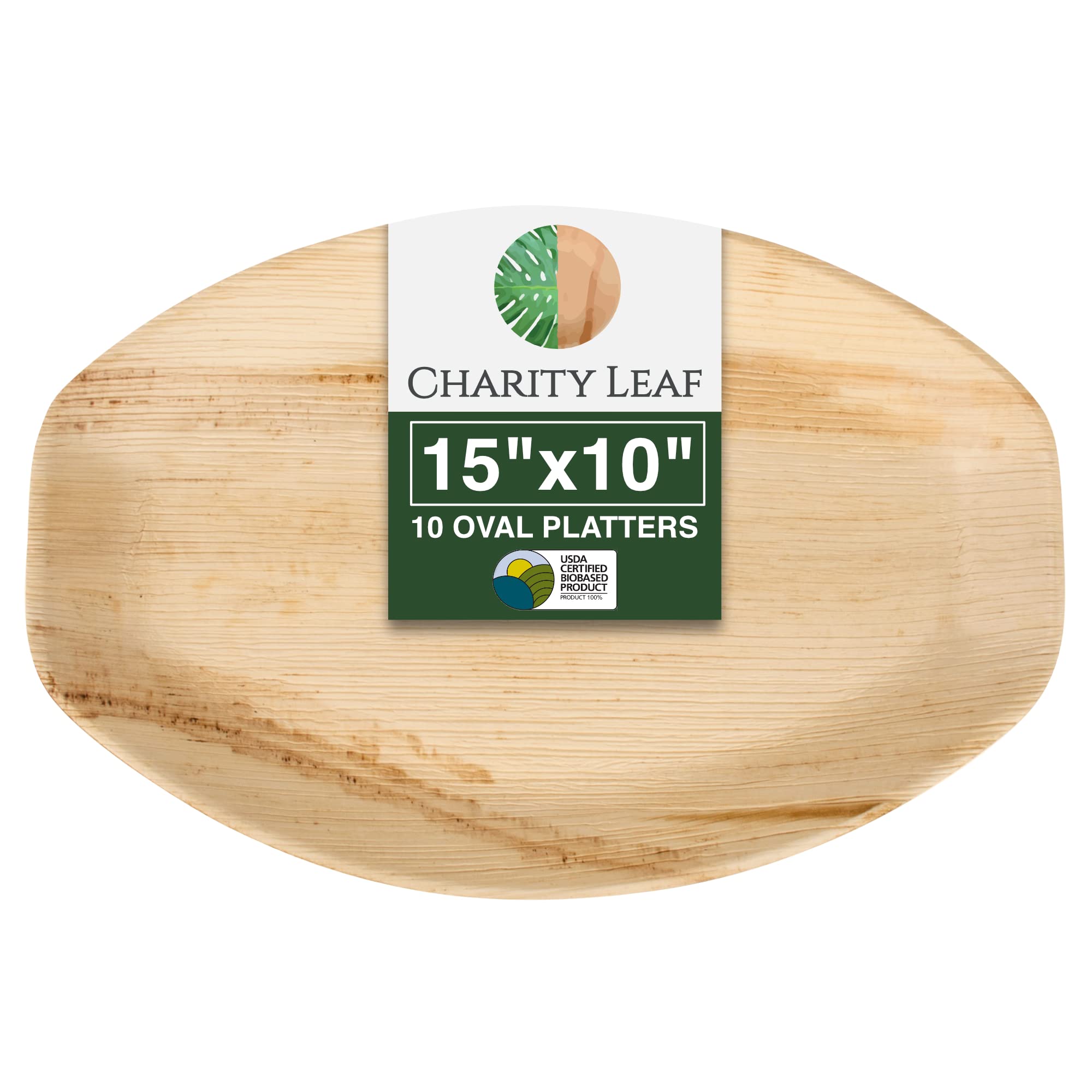 Charity Leaf: bandeja palma 15x10, vista frontal, resistente para servicio elegante