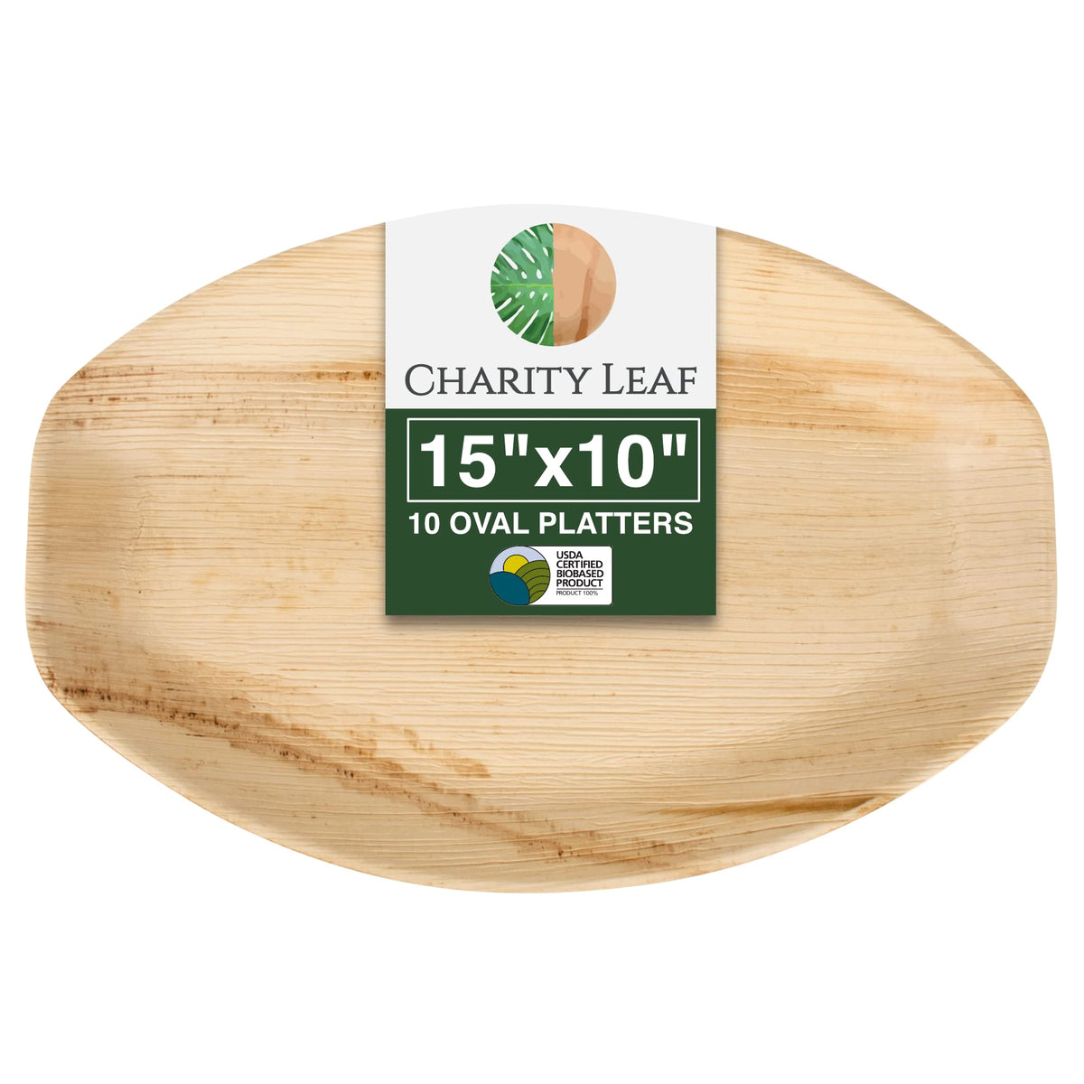 Charity Leaf: bandeja palma 15x10, vista frontal, resistente para servicio elegante