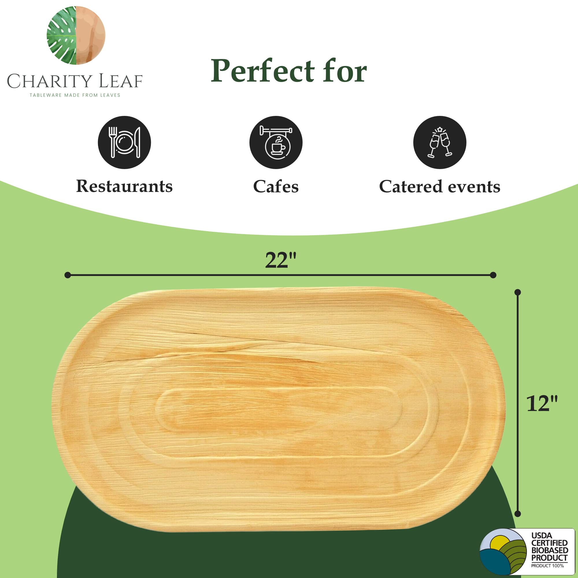 Charity Leaf bandeja palma 22x12, apta para servir sin derrames