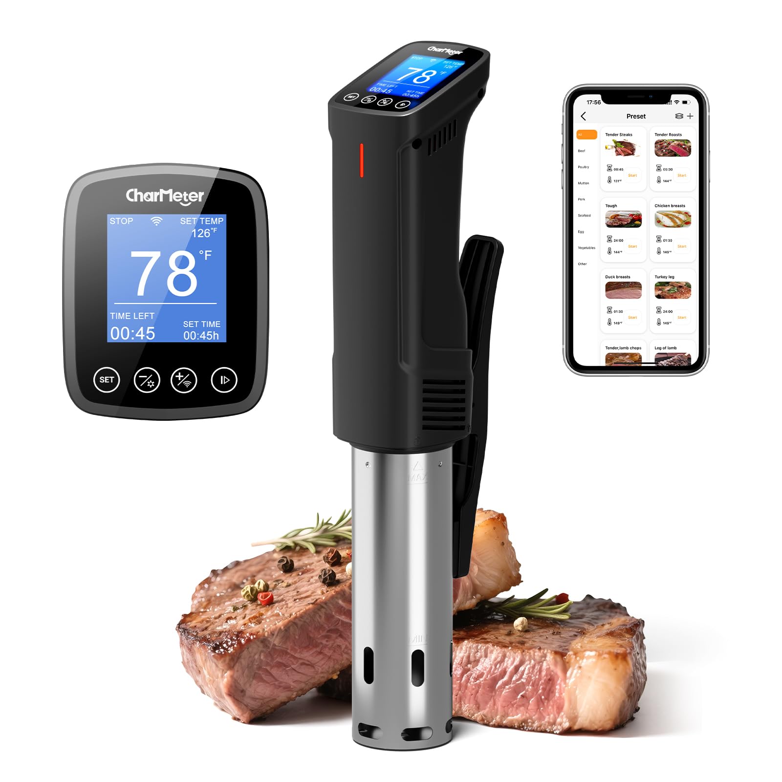 CharMeter sous vide con control remoto para cocinar a distancia con precisión.