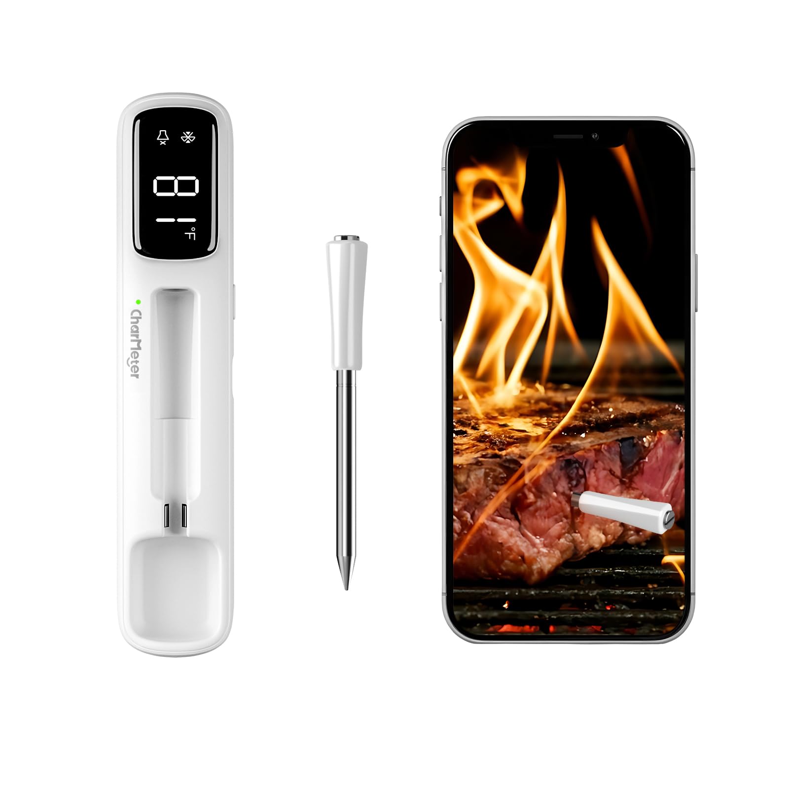 CharMeter termómetro inalámbrico con pantalla LED para lectura rápida.
