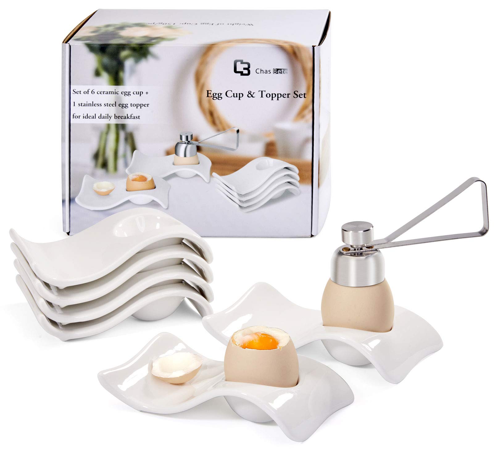 Conjunto de tazas para huevos ChasBete en porcelana blanca, diseño elegante.