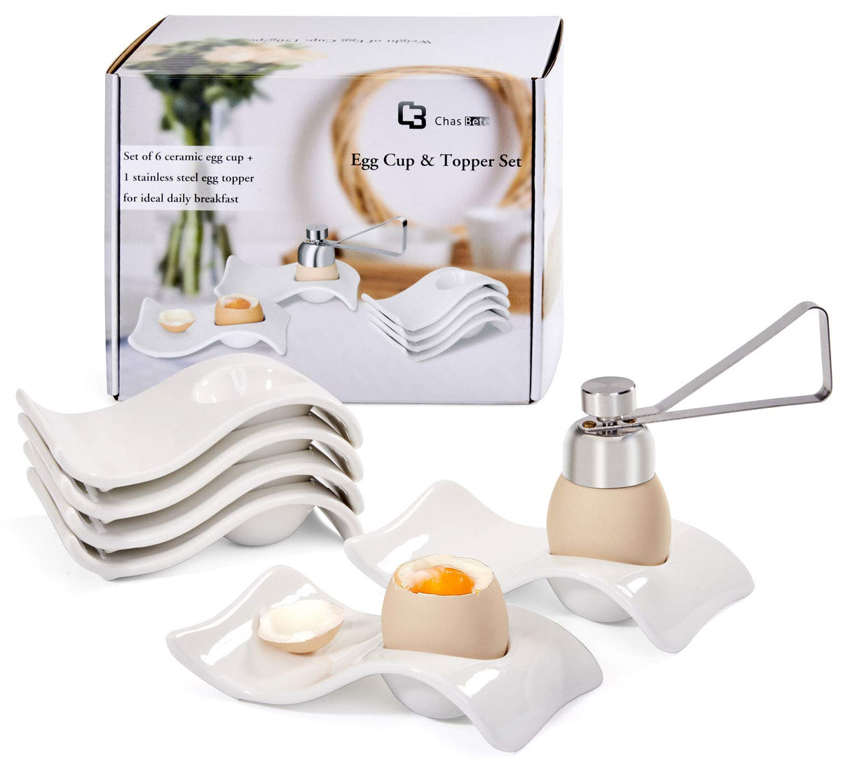 Conjunto de tazas para huevos ChasBete en porcelana blanca, diseño elegante.
