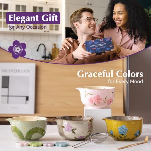 ChaseWind Set de Matcha: diseño floral artesanal que realza la experiencia.