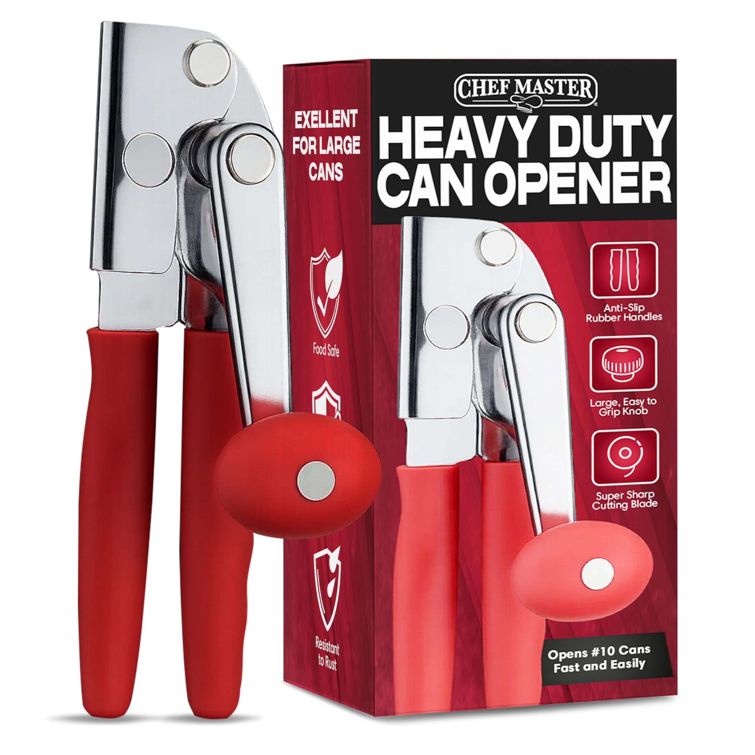 Chef Master abre latas manual con manija ergonómica para mayor comodidad.
