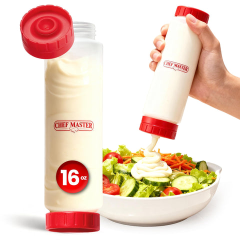 Botella Chef Master invertida para salsas, control de porciones.