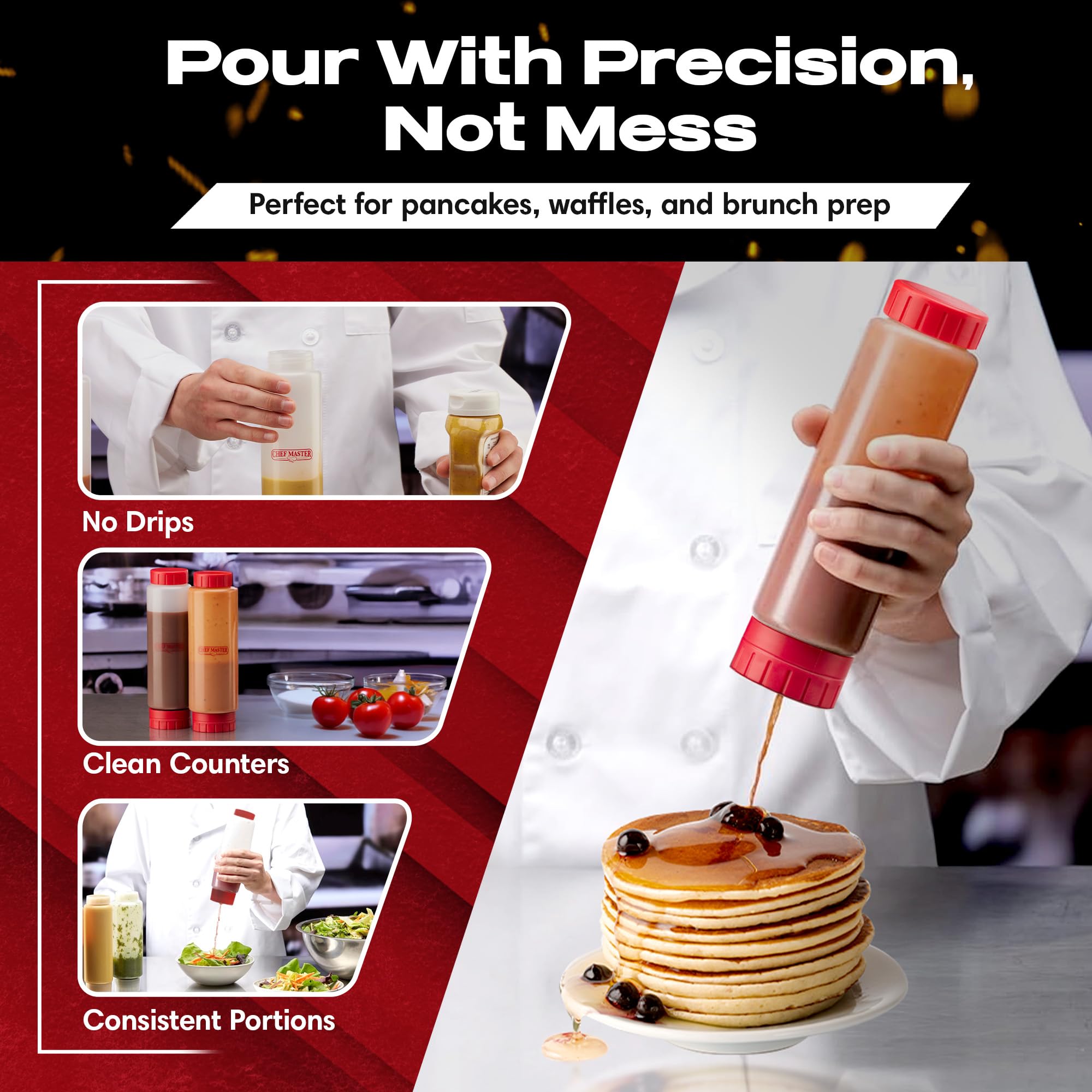 Botellas Chef Master apriete-sirope 20oz ideal para jarabes templados.