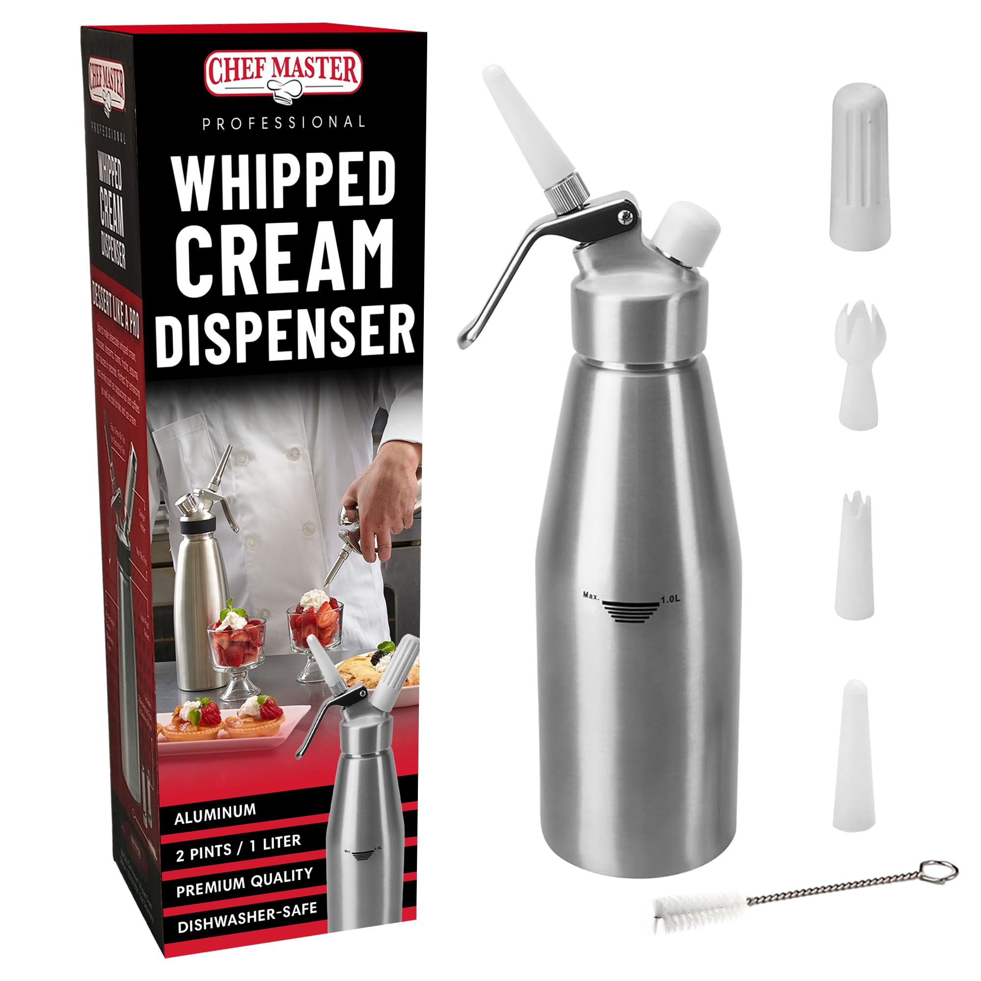 Dispensador de chantilly de aluminio Chef Master con capacidad de 1 litro para hornear y decorar.